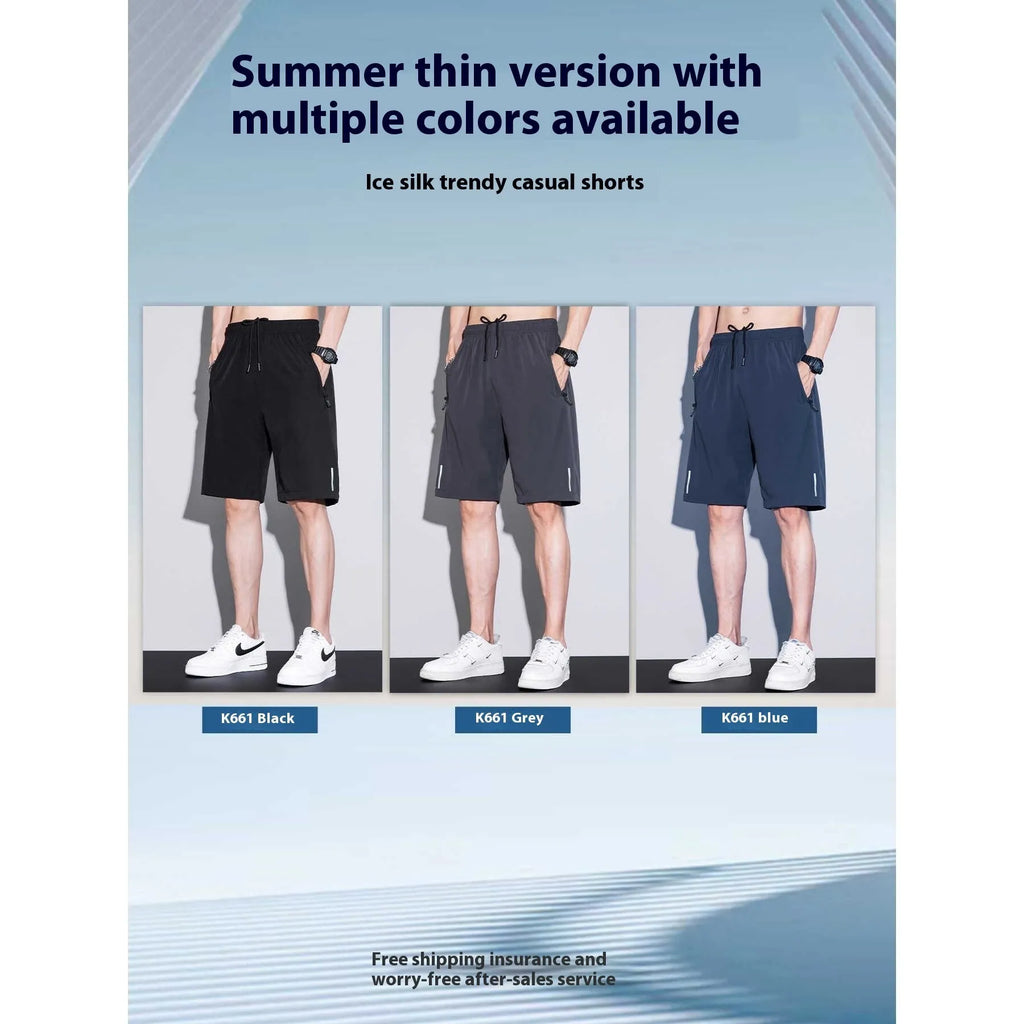 Men's thin ice silk quick-drying running shorts in black, dark blue, or light grey, sizes M to 4XL