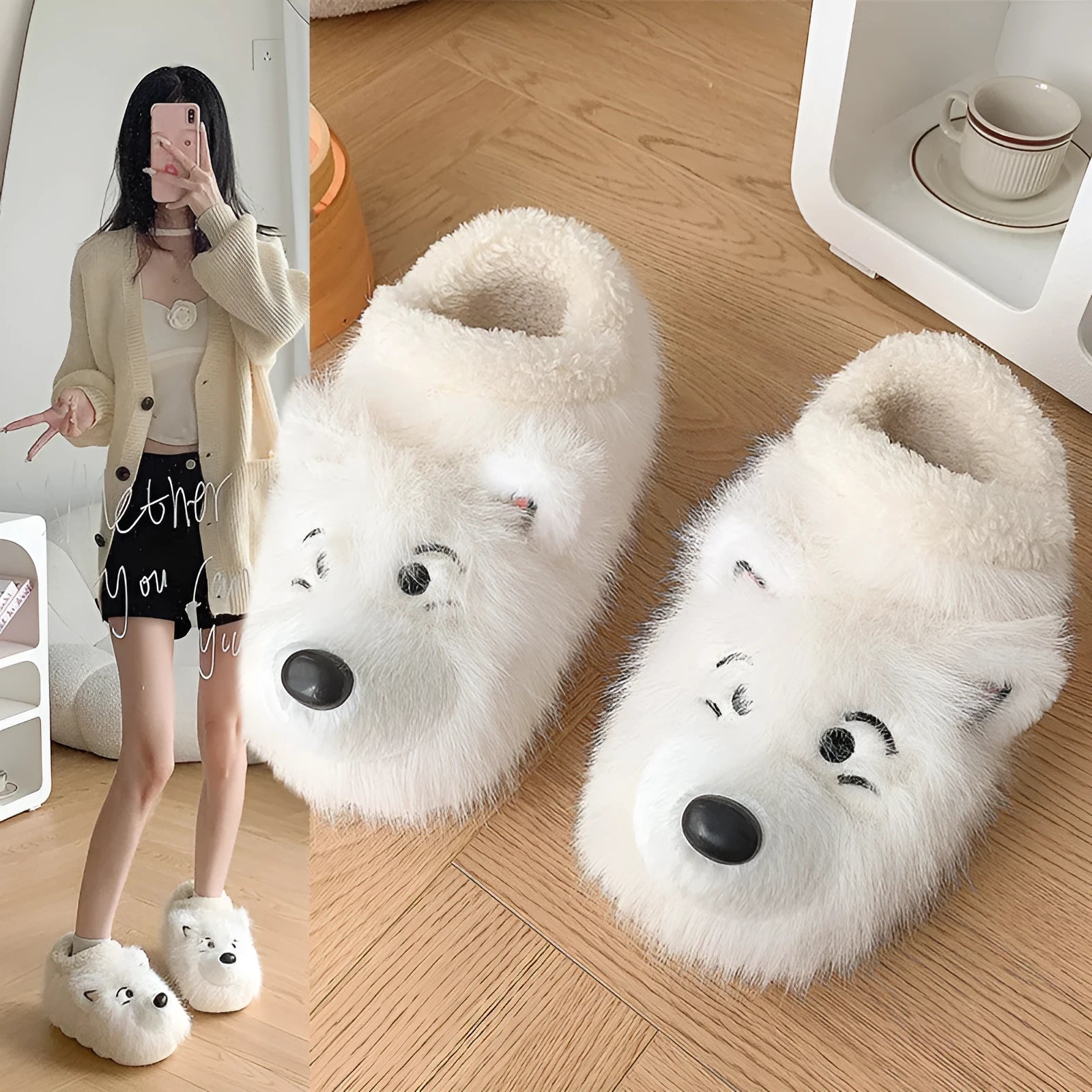 Grey and white ankle wrap cotton slippers with plush upper and non-slip sole.
