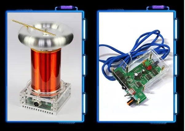 Music Tesla coil driver board chassis with connections for power, audio, and controller, showing dimensions 100x115x205mm.