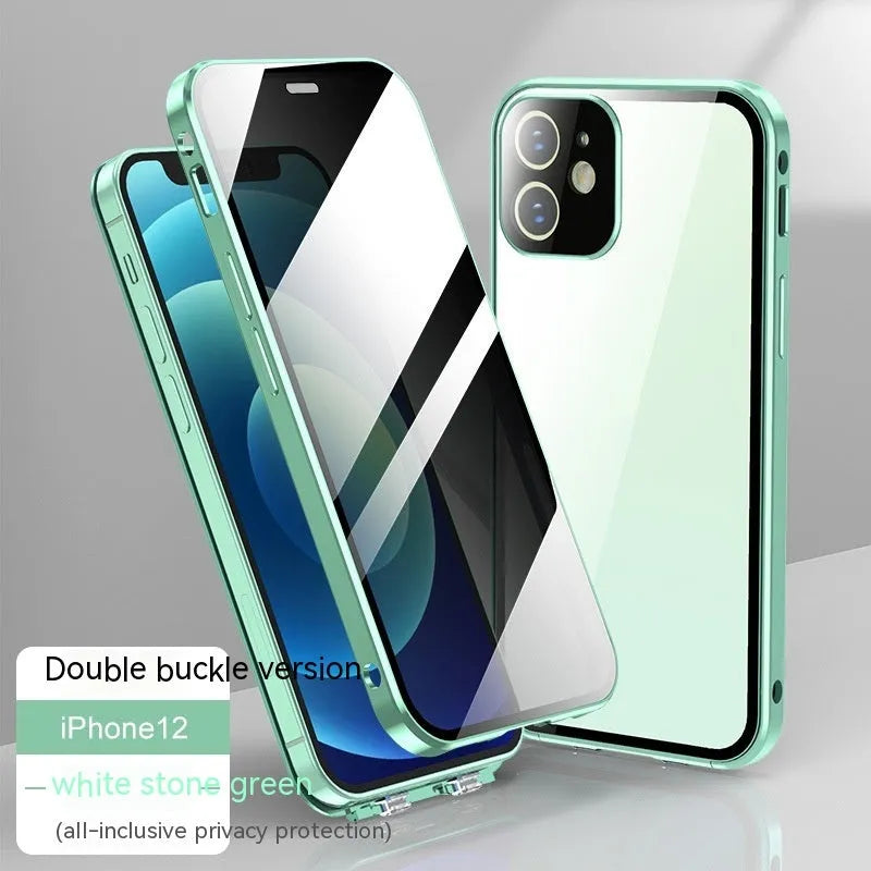 iPhone privacy glass case with double-sided buckle in multiple colour options