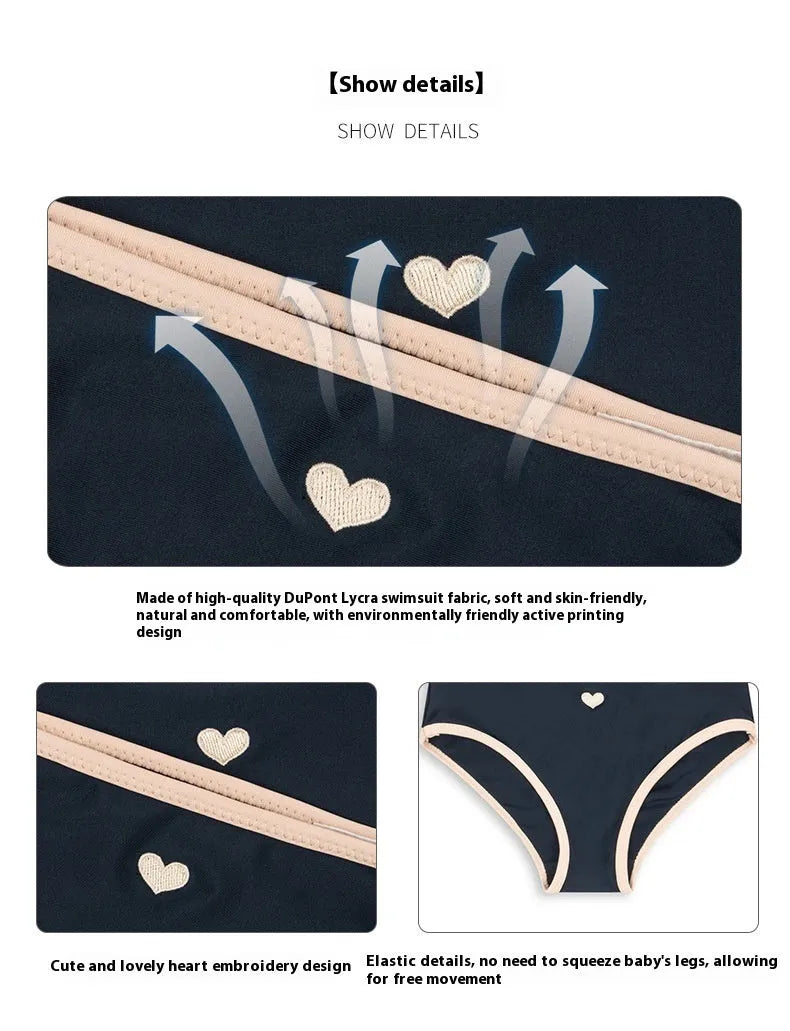 Dark blue split baby girls' swimsuit with briefs style for ages 1-6 years