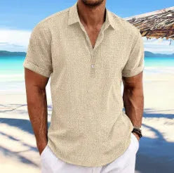 Men's light grey lapel cardigan with long sleeves and a loose cotton blend fit.