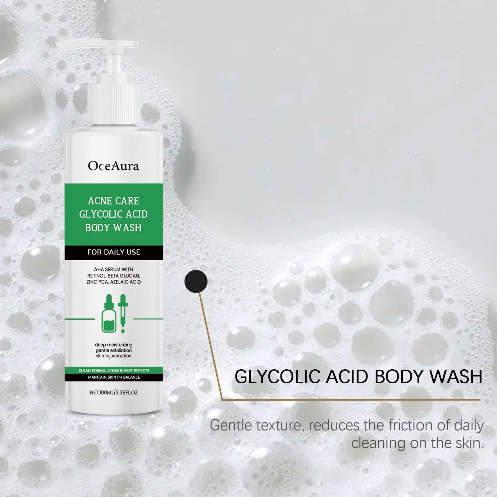 100ml tube of soothing moisturising shower gel with glycolic acid and retinol.