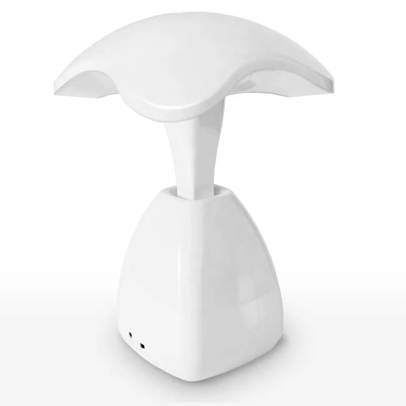 White modern LED desk lamp with touch control and plastic shade for bedside or desk use