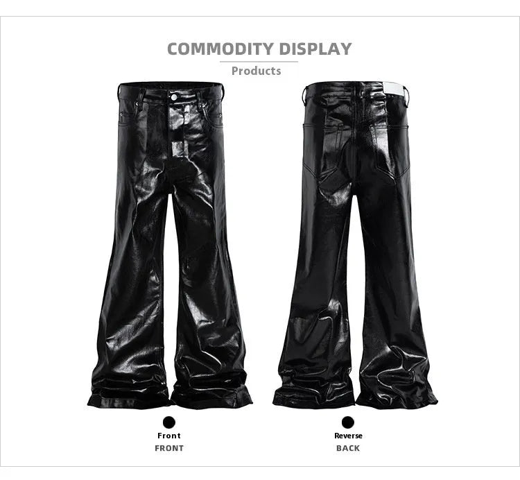 Black coated shiny patent leather skinny jeans with mid-waist straight-leg cut on a model