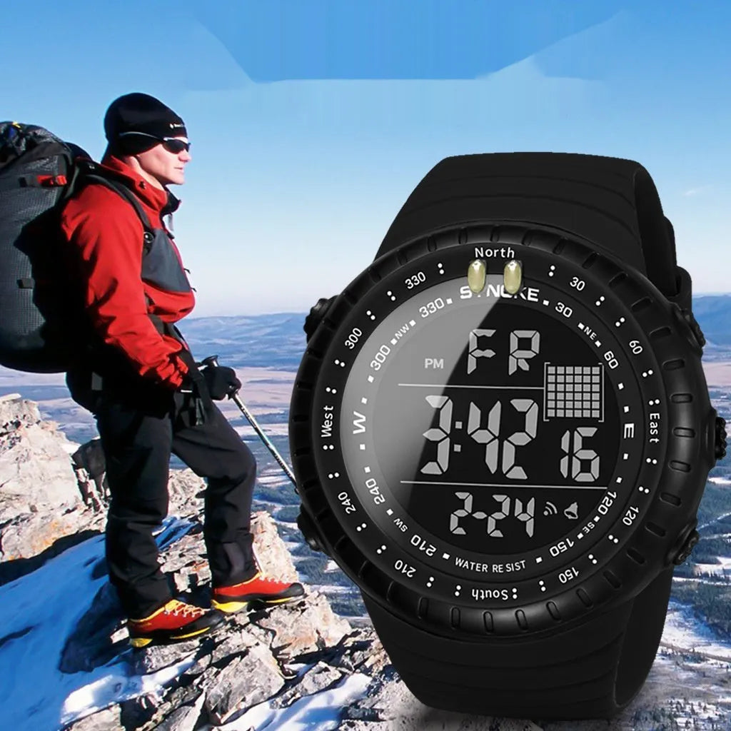 Black waterproof multifunctional outdoor electronic watch for men with large 54.74mm dial and PU strap