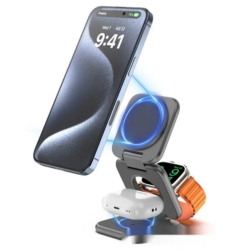 White foldable magnetic wireless charging holder for mobile phones showing QC3.0 fast charge.