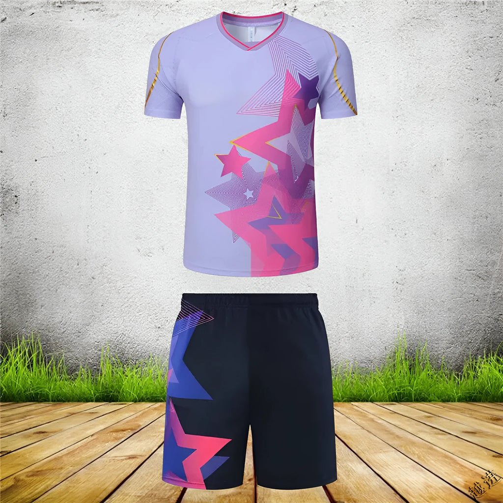 Badminton outfit set showing short-sleeved top and trousers in sapphire blue colour