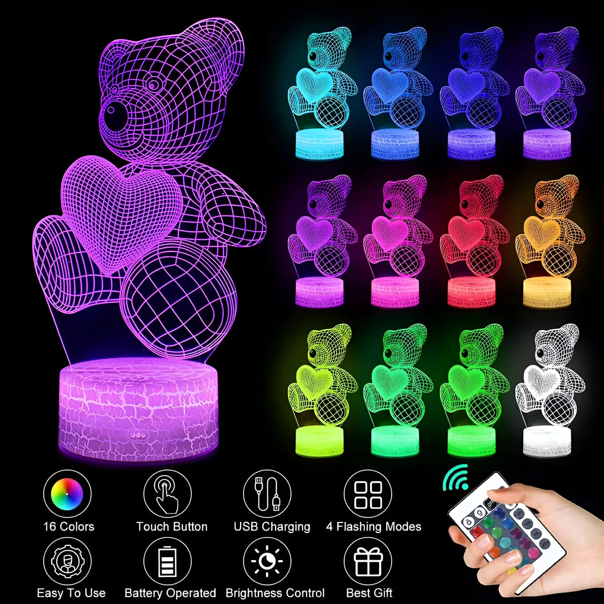 3D teddy bear LED night light with acrylic panel, 16-colour remote and touch control, USB or AAA battery power
