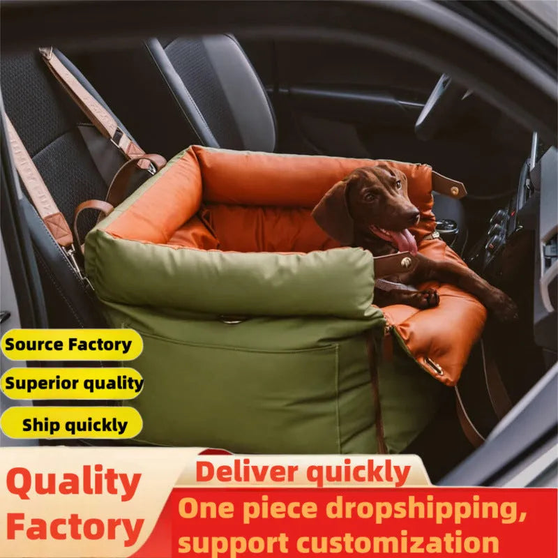 Pet car nest with removable cover in green colour, showing waterproof PU leather base and 55x50x45cm dimensions for dogs