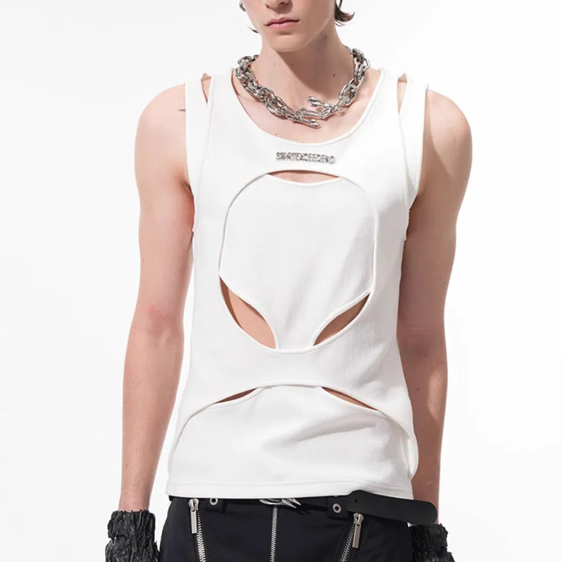Men's sleeveless waistcoat in black or white with round neck and hollow thread design