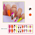 Wear Armour medium almond nail stickers with frosted tulip pattern in four designs: French leaves, leopard print, plating, and macaron