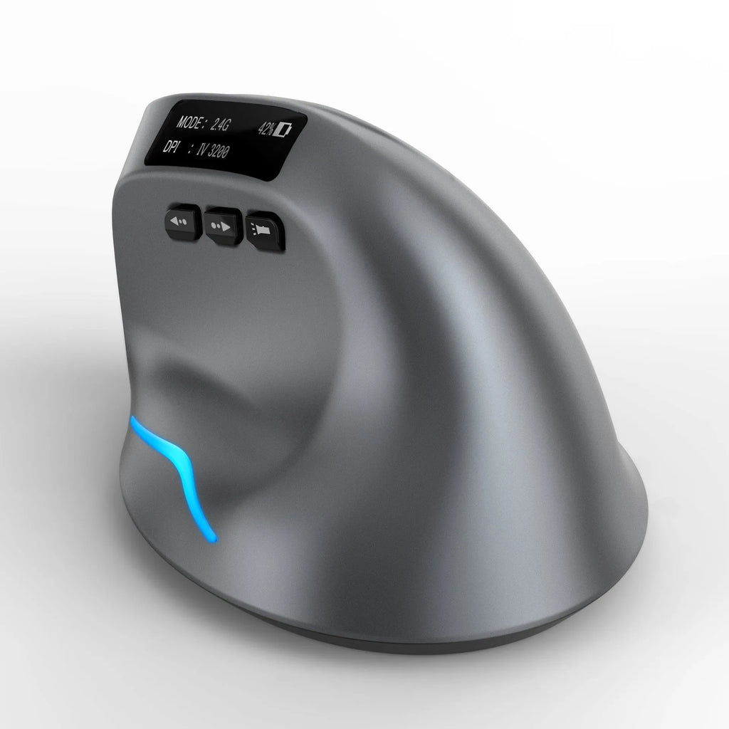 Gray vertical ergonomic wireless mouse with Bluetooth connectivity and self-charging capability