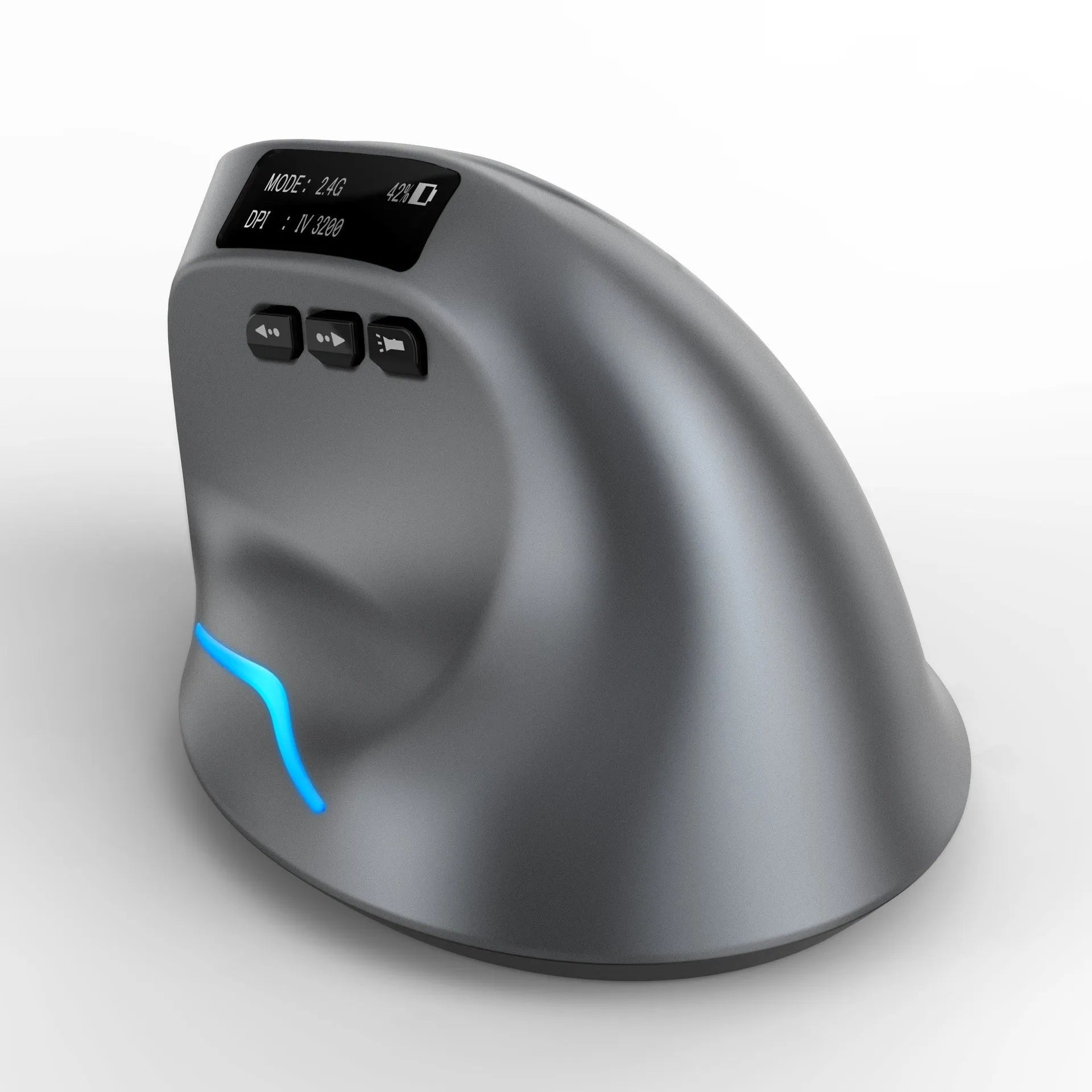 Gray vertical ergonomic wireless mouse with Bluetooth connectivity and self-charging capability