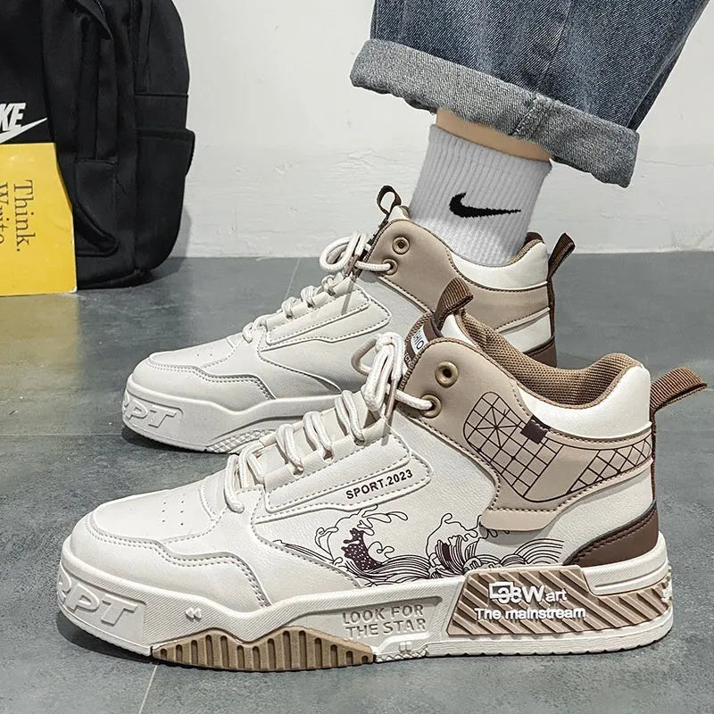 Men's high-top lace-up board sneakers in beige, white, and blue colours with rubber soles.