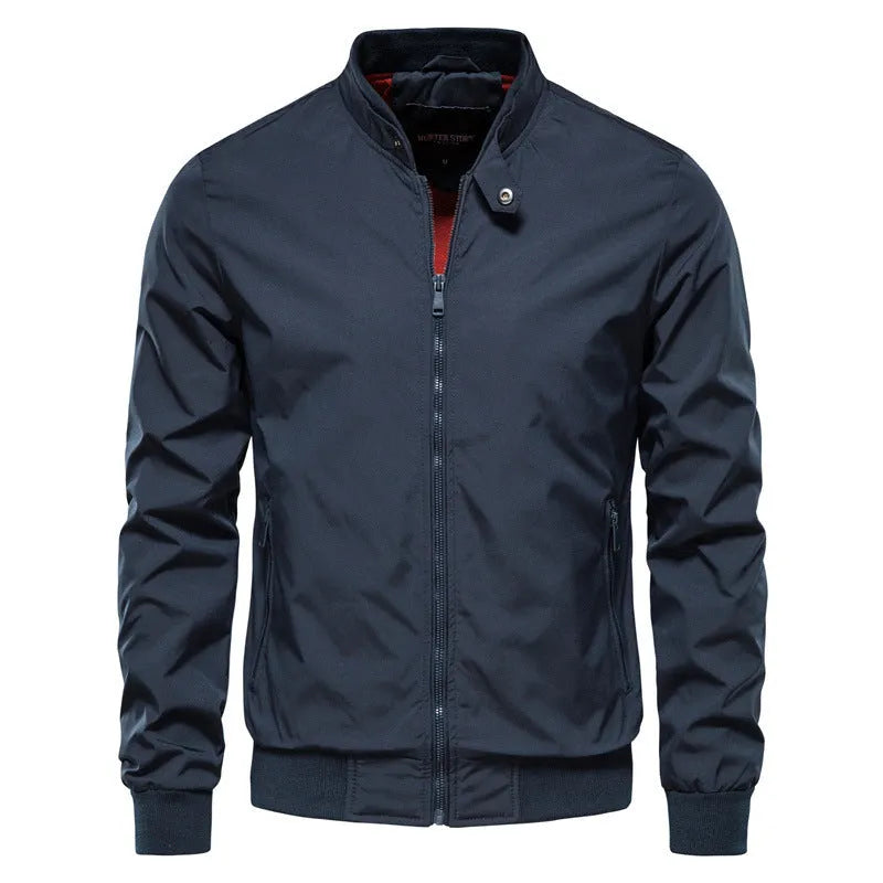 Men's thin casual jacket in polyester fibre showing continental sizing options and solid colour choices