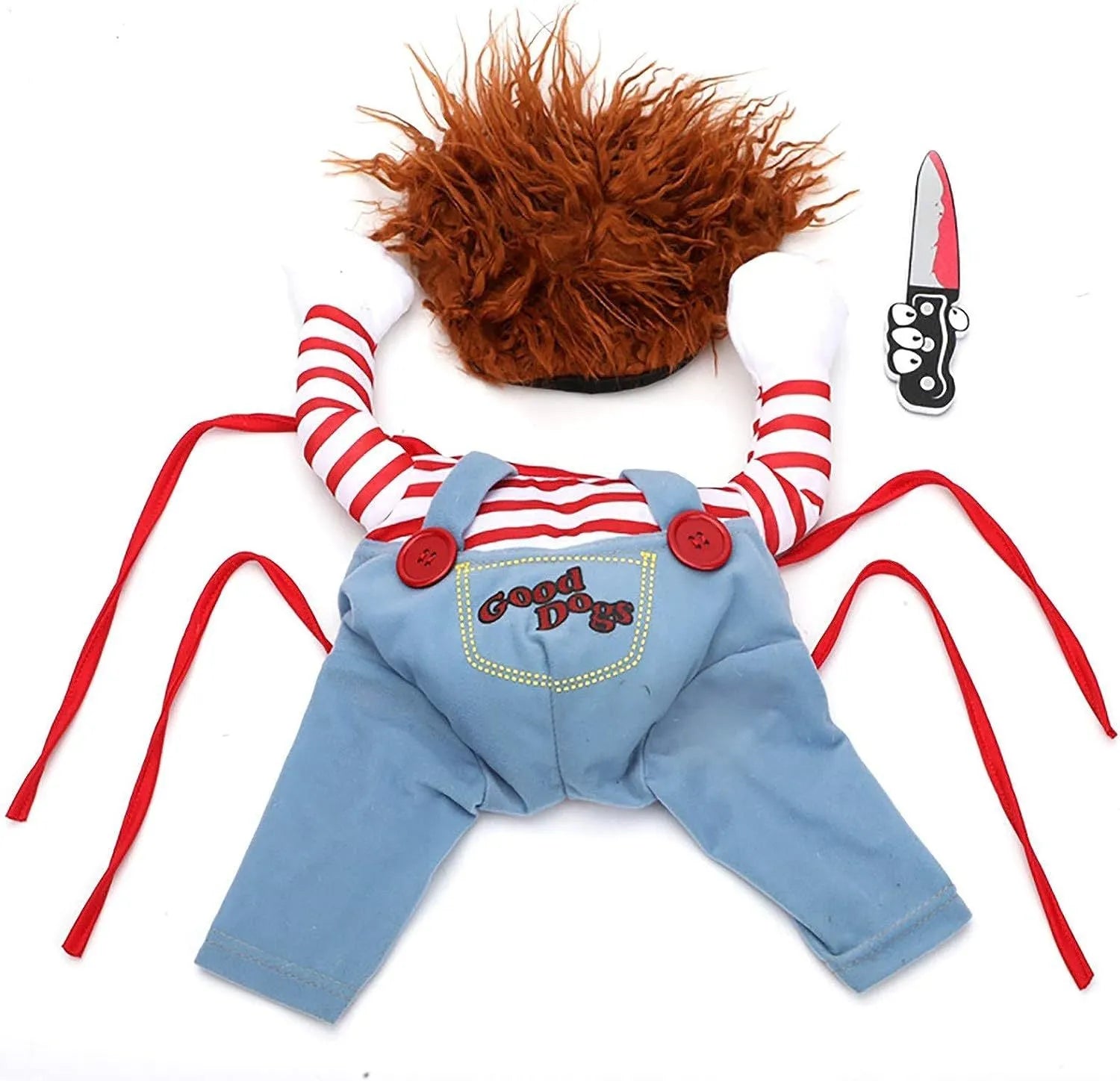 Black and orange striped Halloween costume set for pets with harness pants, vest and plastic knife accessory