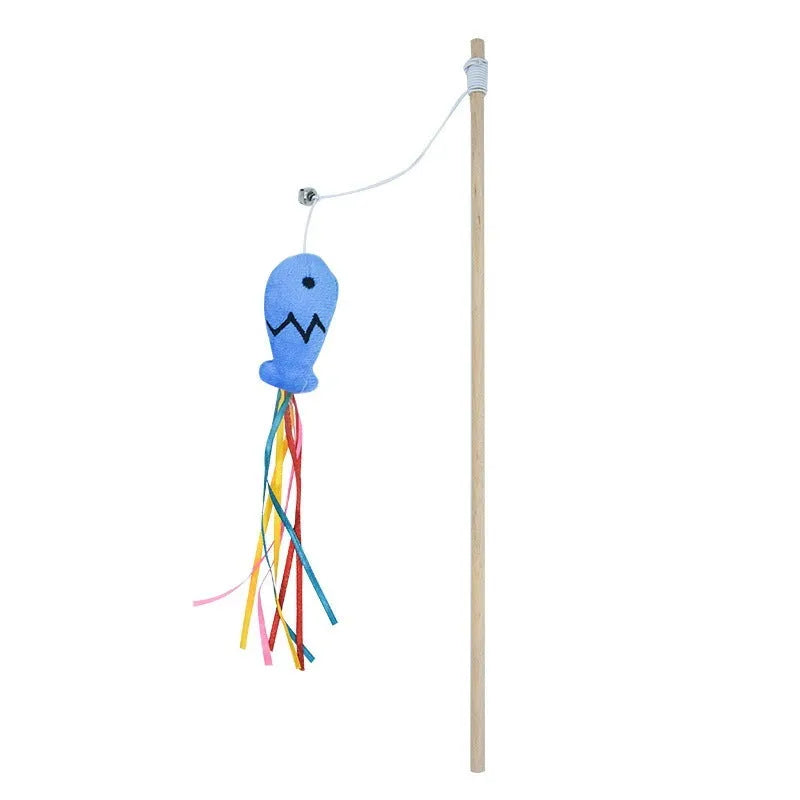 Cat wand toy with wooden handle, colourful ribbons, catnip attachment, and bell for interactive feline play