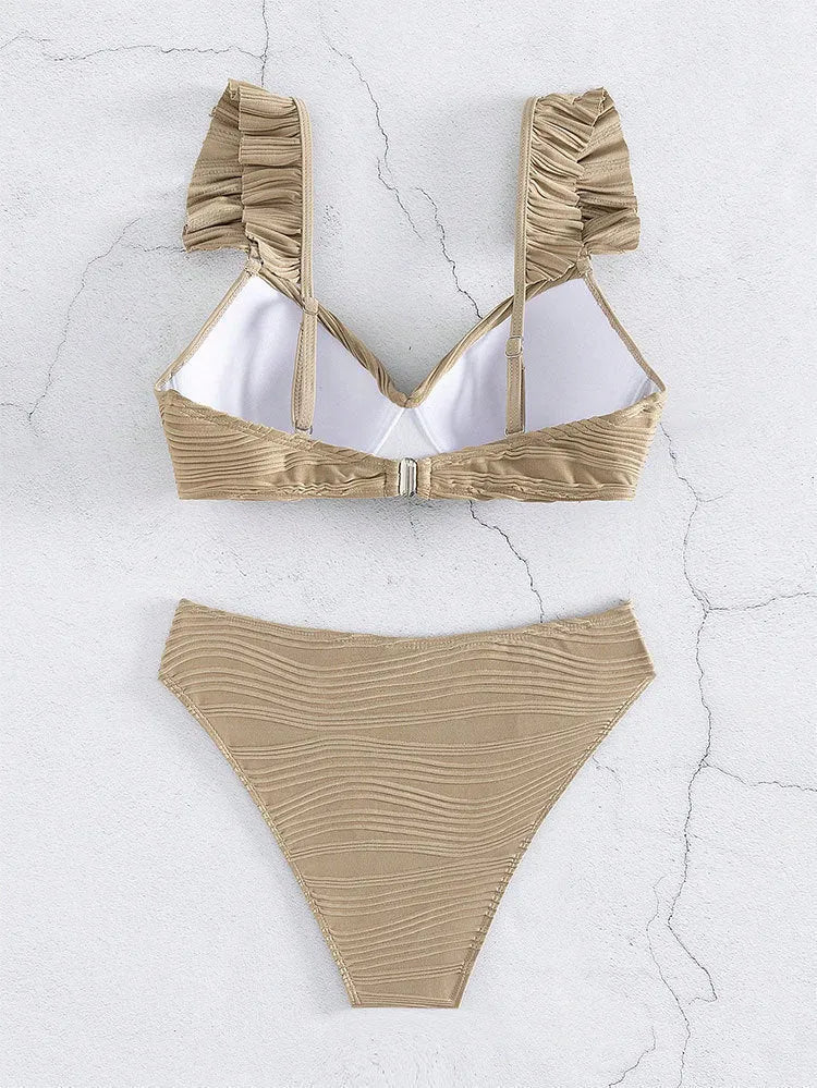 Women's solid colour beach bikini swimsuit in black or khaki, sizes S to XL, 100% polyester construction