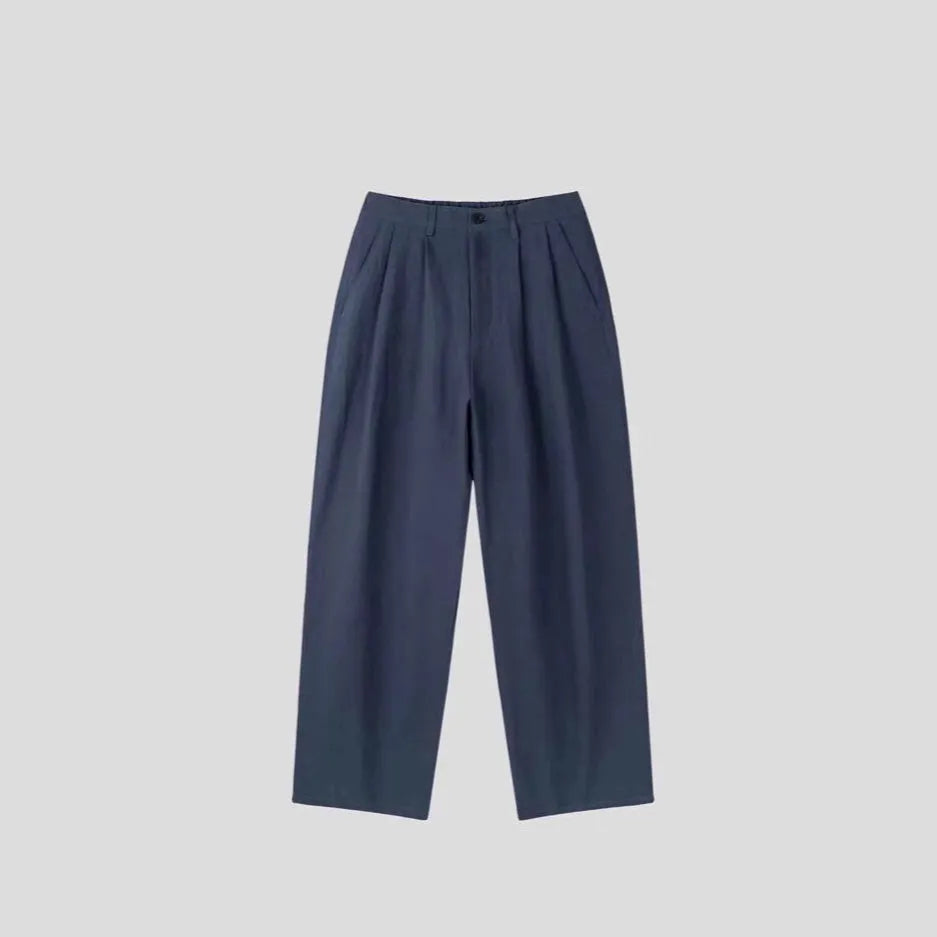 Men's lightweight cotton linen trousers with micro-elastic waistband showing apricot colour option and pencil leg opening