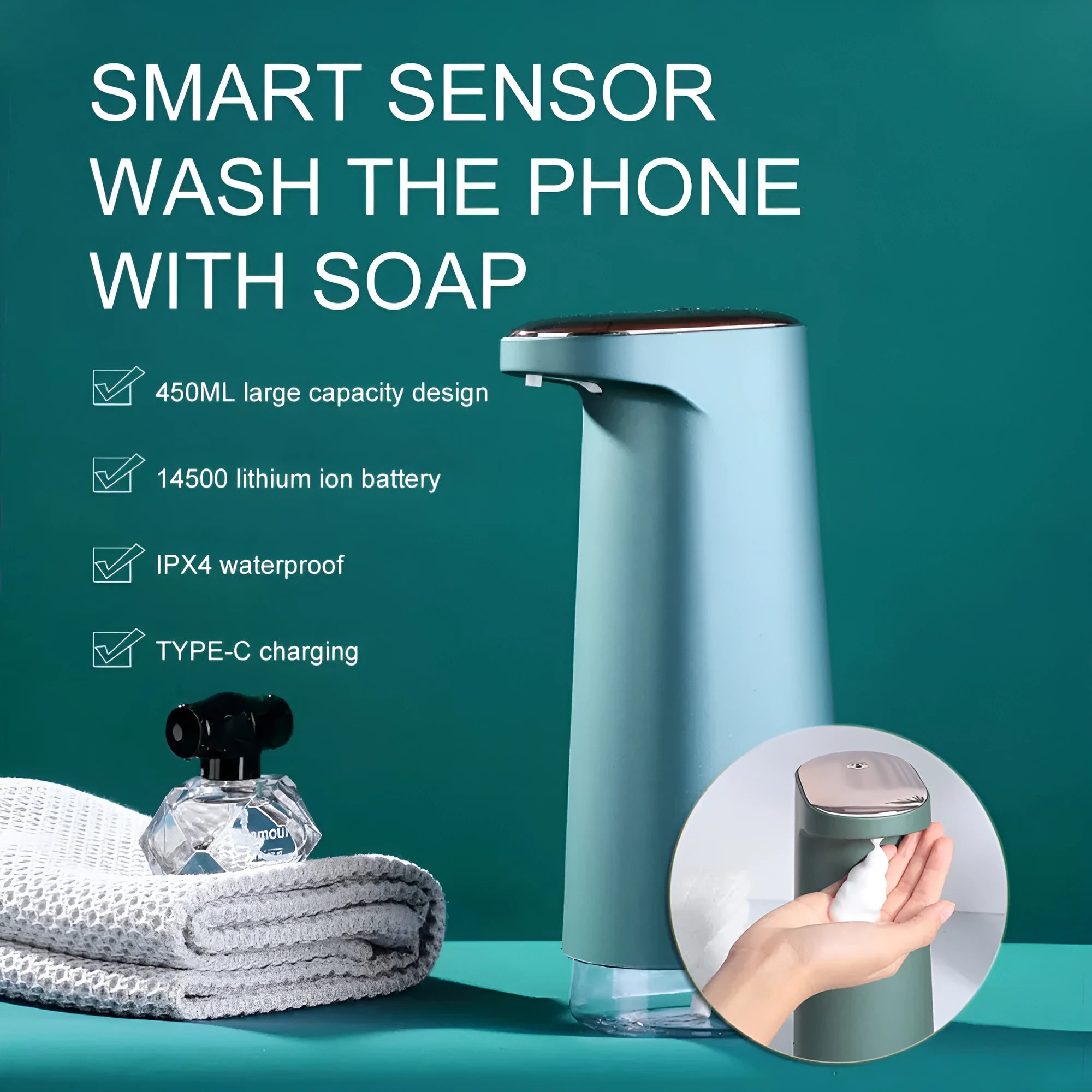 Automatic foam soap dispenser with infrared sensor in white, pink, green, or dark green colours