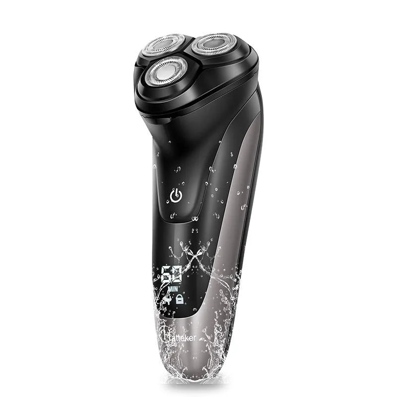 RSCX-7571 men's electric shaver with USB cable, pop-up trimmer, and cleaning brush on grey background