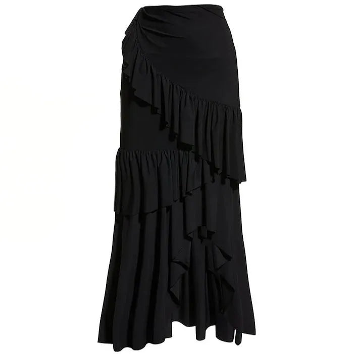 Women's one-piece swimsuit with ruffled striped design and attached skirt in polyester fabric