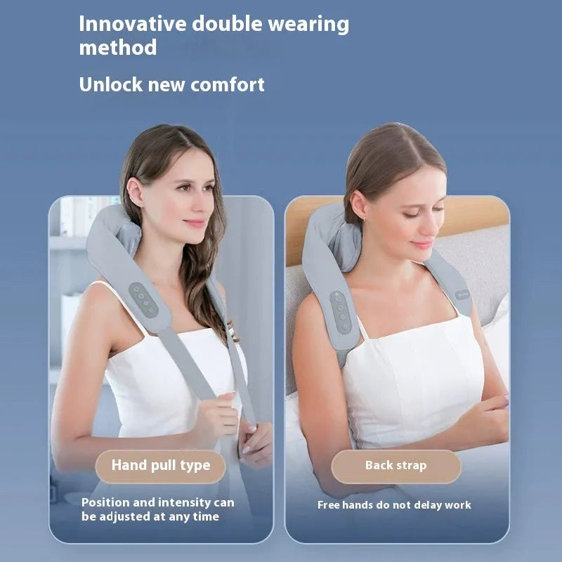 Grey elastic fabric USB neck and back massager with two gear settings and infrared function.