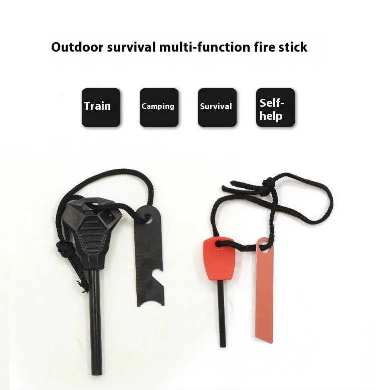 Black multifunctional outdoor survival flint with magnesium rod and stainless steel scraper showing six tool functions