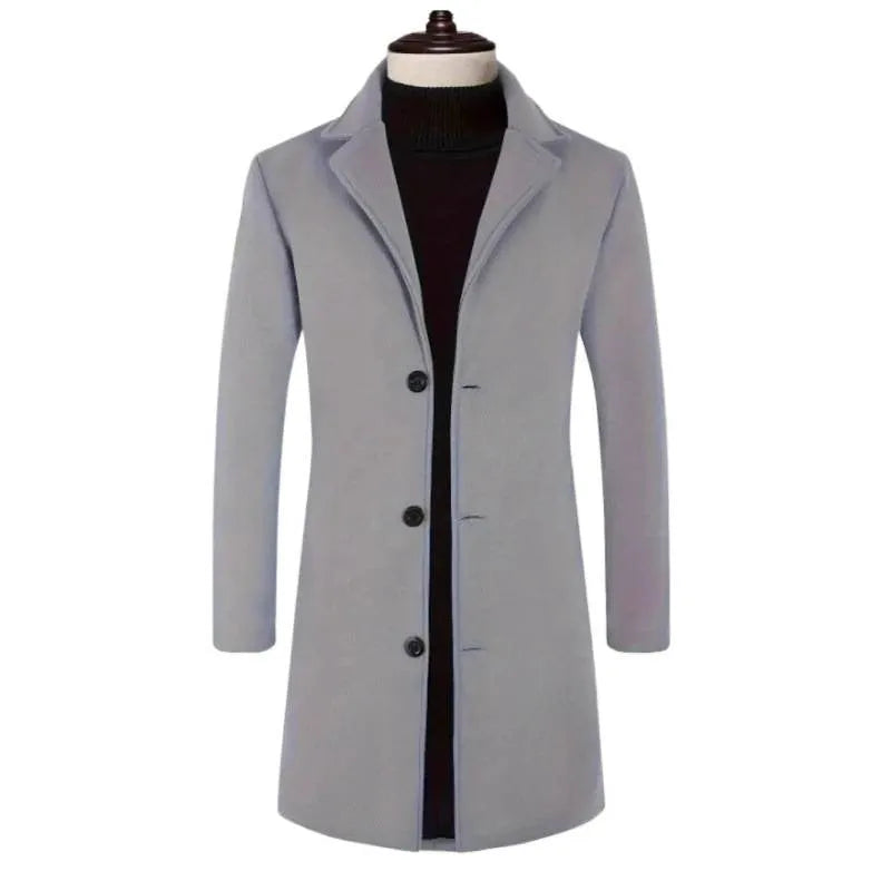 Men's mid-length polyester trench coat, slim fit, no belt, side seam pockets, solid colour, sizes XS-XXXL