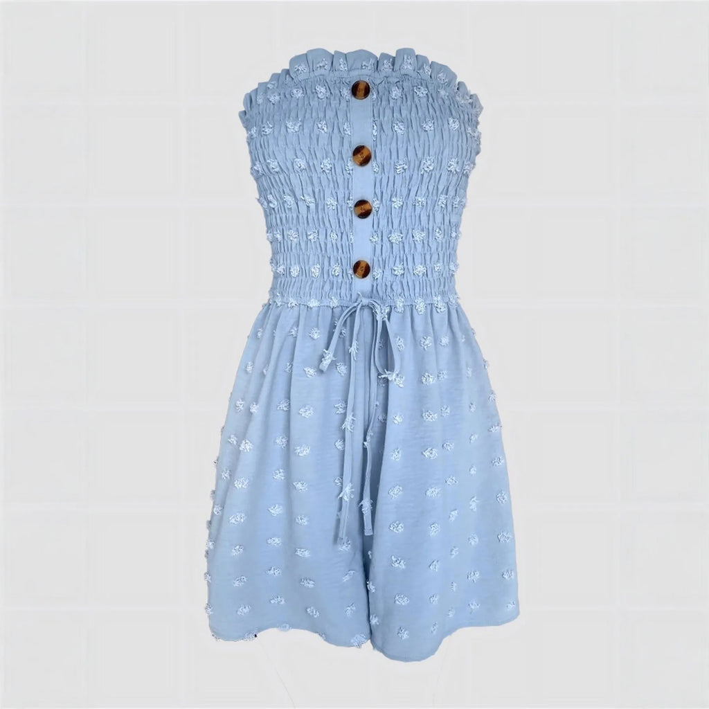 Women's blue off-shoulder sleeveless jumpsuit with button detail and mid-waist design on mannequin