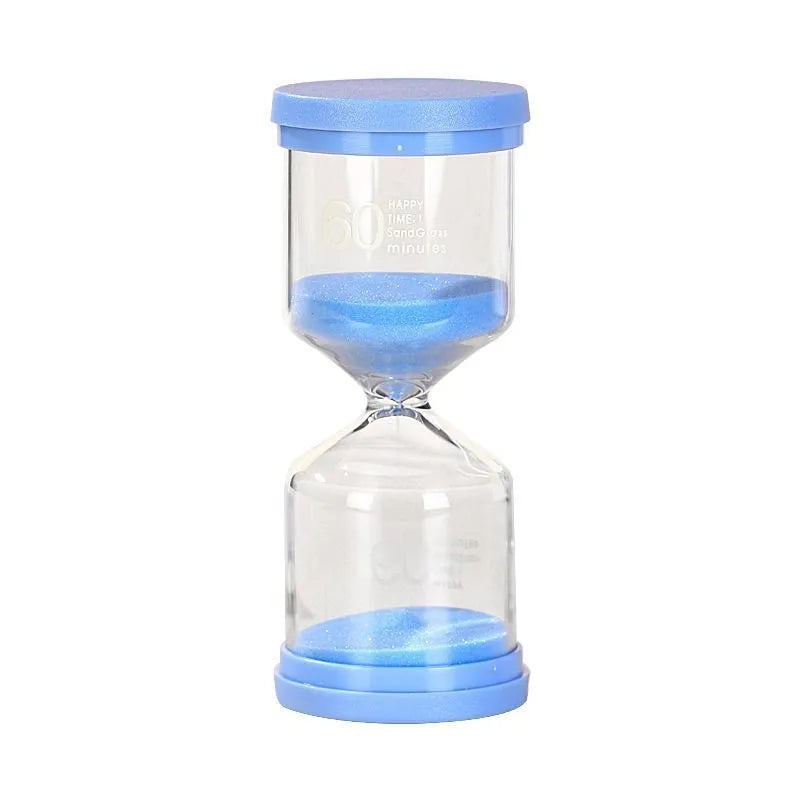 Handmade glass sand timer showing coloured sand flow with modern simplicity design and multiple duration options