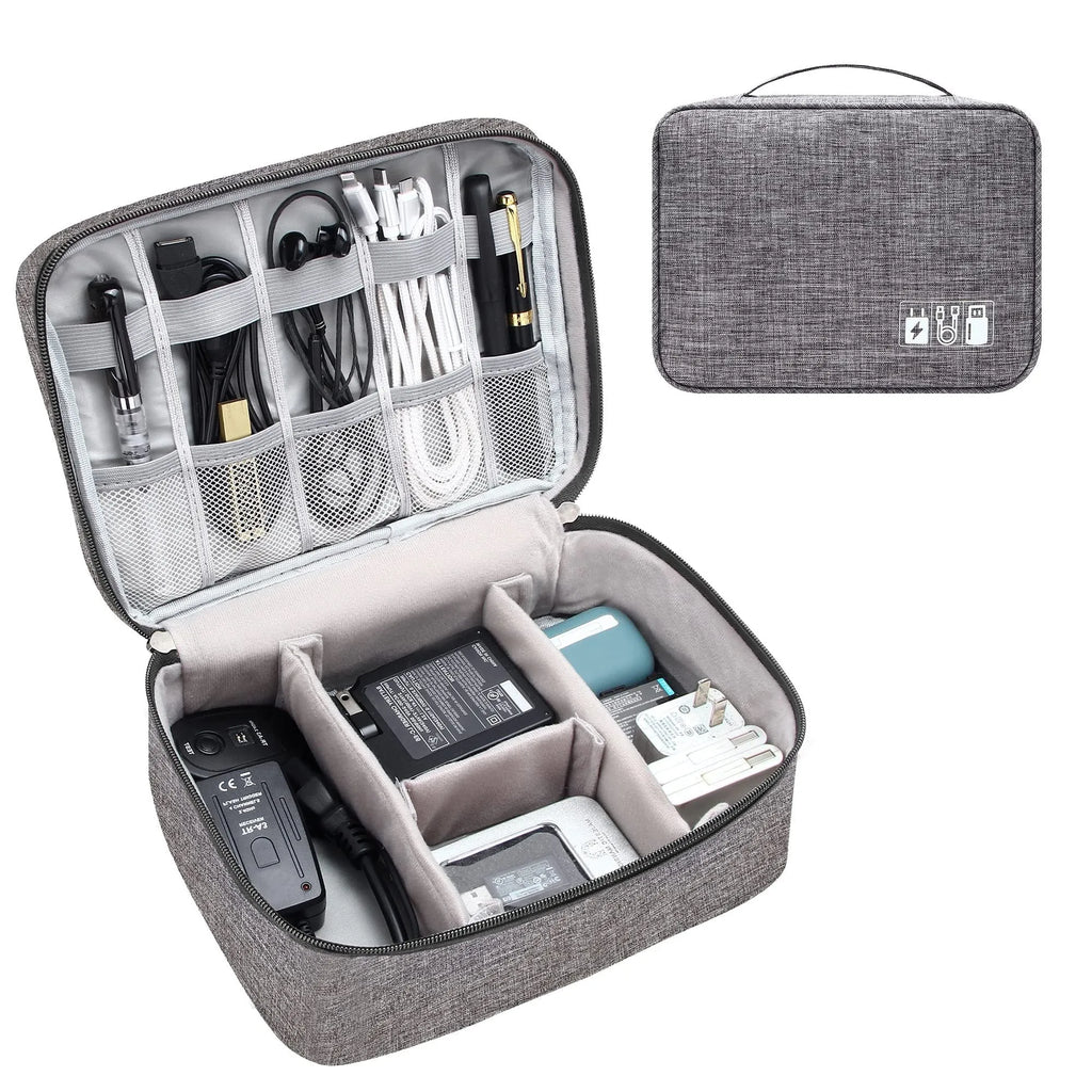 Black electronics organiser bag with mesh pockets and removable dividers for cable storage
