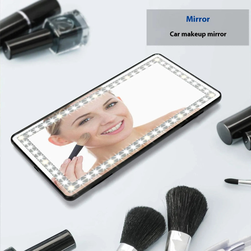 Car sun visor LED touch makeup mirror, 260x135x9mm, aluminum lens, ABS frame, black or white light bars