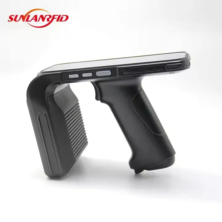 SLP-05 handheld UHF RFID scanner with 5-inch touchscreen showing inventory data, measuring 165x80x25mm