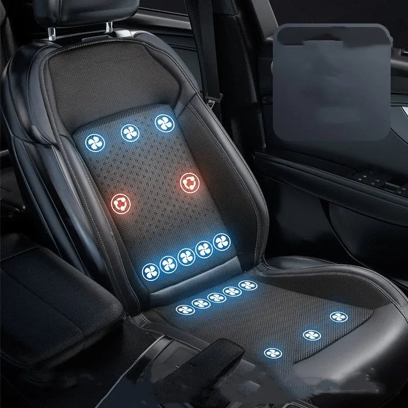 Car seat cooling pad with universal 12V/24V power, USB port, and solid colour design