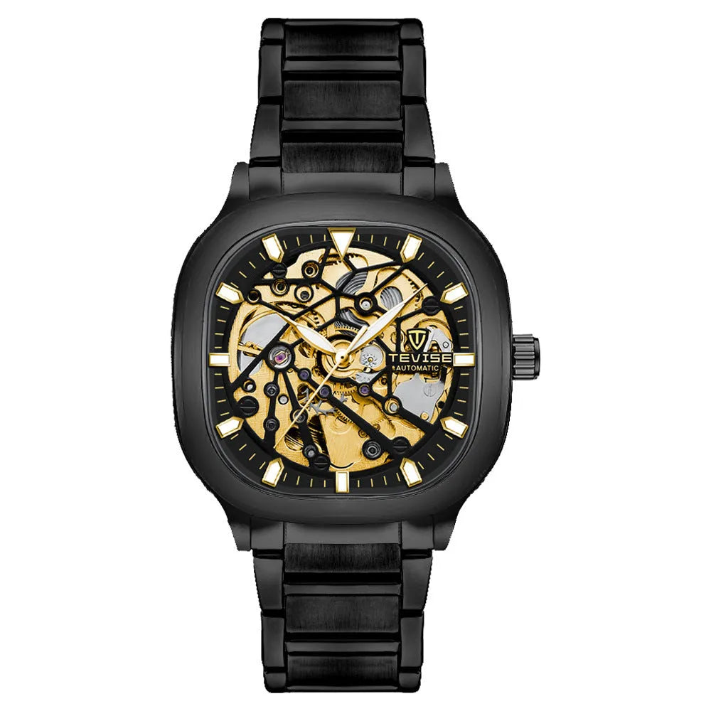 Men's waterproof automatic watch with luminous square hollow dial and stainless steel strap