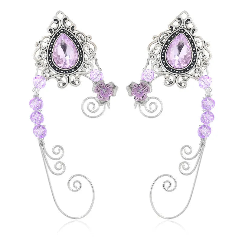 Hand-woven purple crystal clip-on earrings in a right and left pair with mixed material vintage design