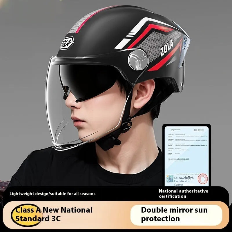 3C certified motorcycle half helmet with double mirror visor in light brown colour option
