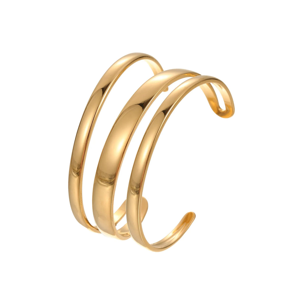 Stainless steel simple opening bracelet with geometric line design in gold or steel electroplated finish