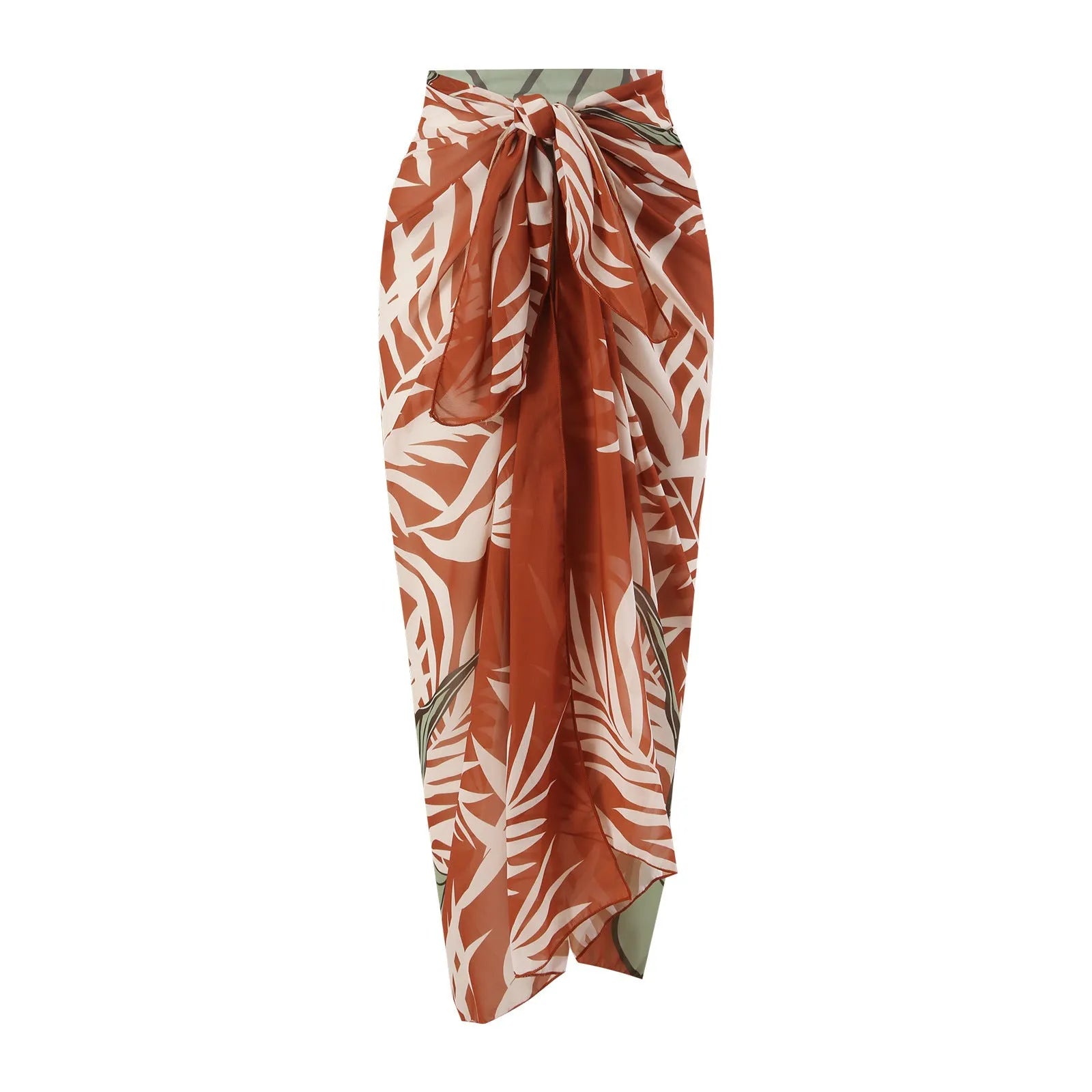 Brown high waisted women's push up bikini swimsuit with chiffon skirt overlay and split design.
