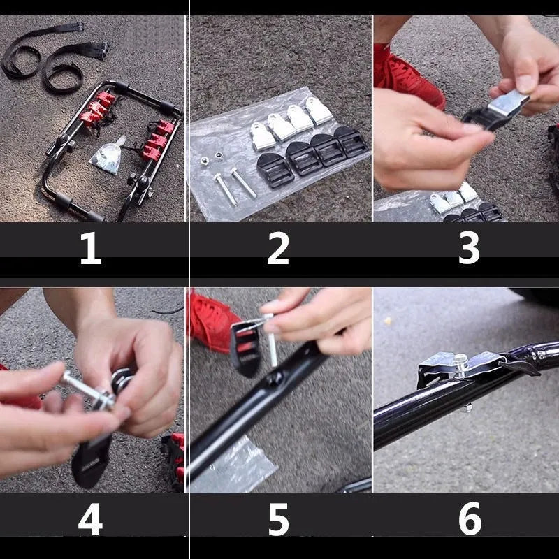 Black and red trunk-mounted car bike holder rack with 73x50cm dimensions showing tie rope fastening system