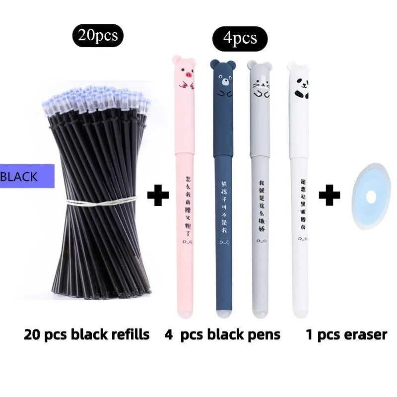 0.5mm needle tip hot-erasable pens in black, blue, and red with refill sets