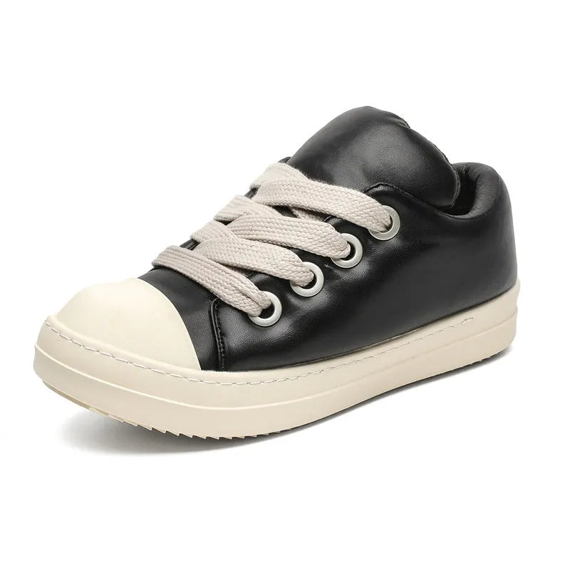 Men's black leather slip-on shoes with flat sole and front lace-up