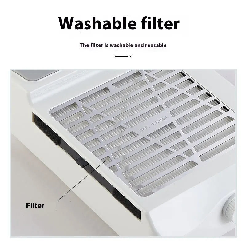 White nail polishing machine with vacuum function showing four-in-one grinding capabilities