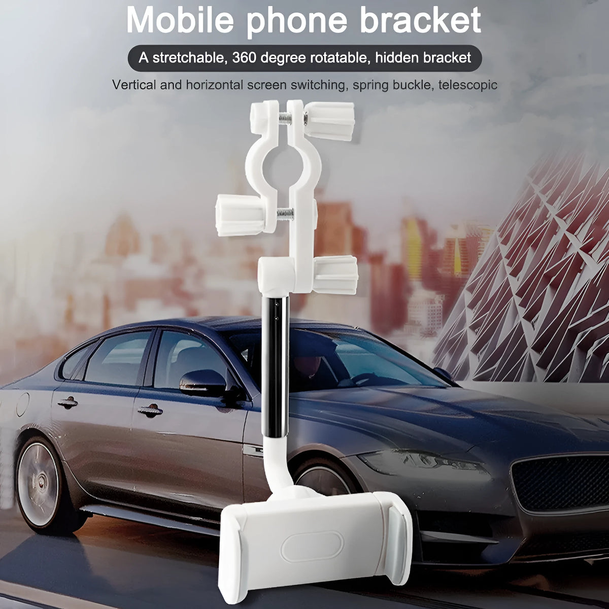 Black car phone holder mounted on rearview mirror with mobile phone secured in adjustable bracket