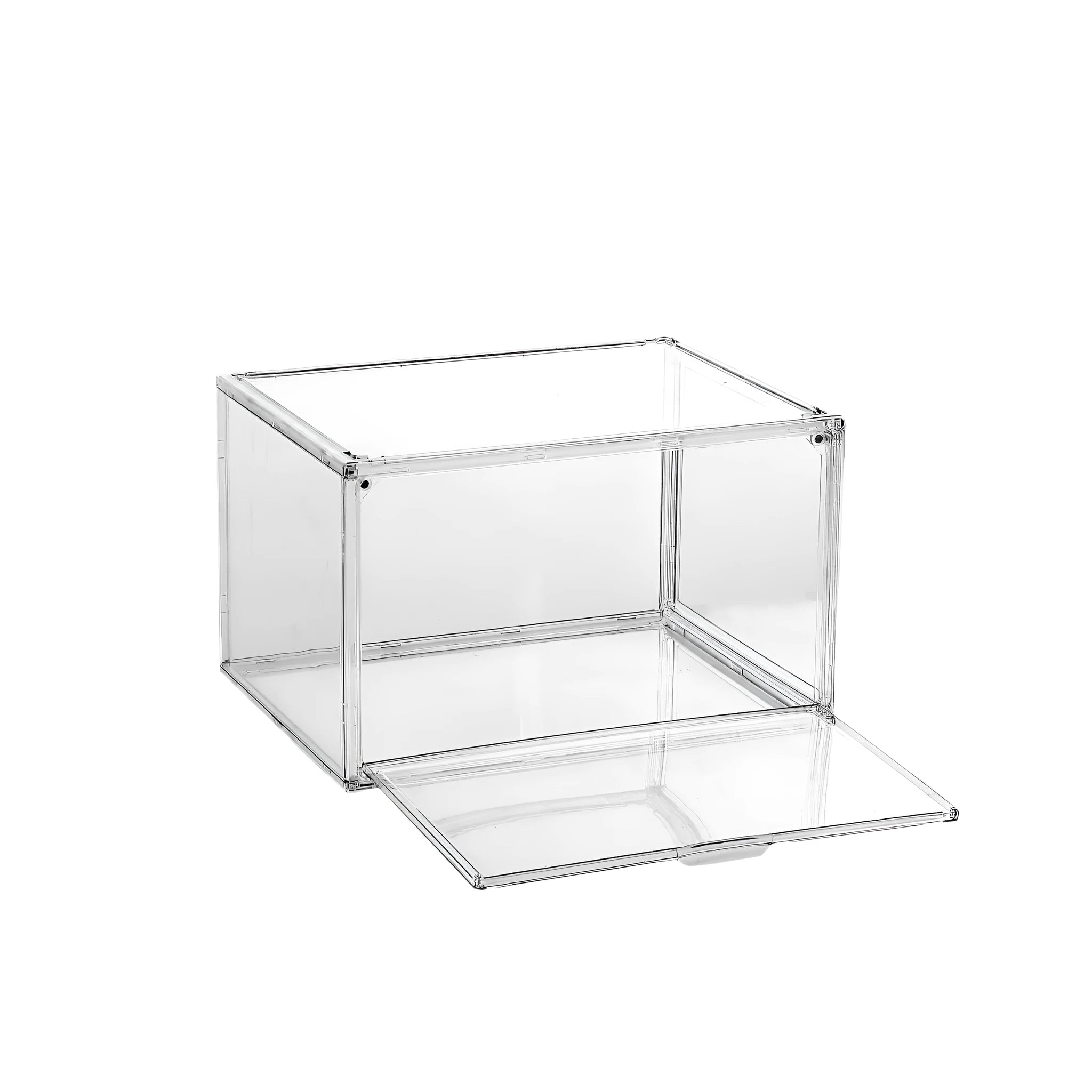 Large clear acrylic shoe storage box with magnetic side door and stackable lid