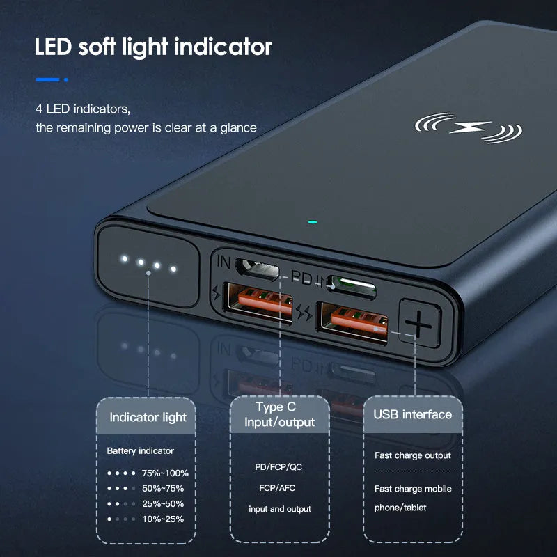 Black and blue alloy-cased portable power bank with wireless charging surface and 10000mAh capacity
