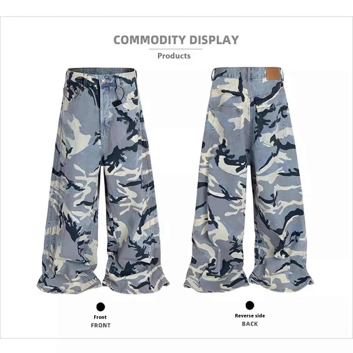 Snow camouflage blue jeans with loose fit and mid-waist design on a hanger