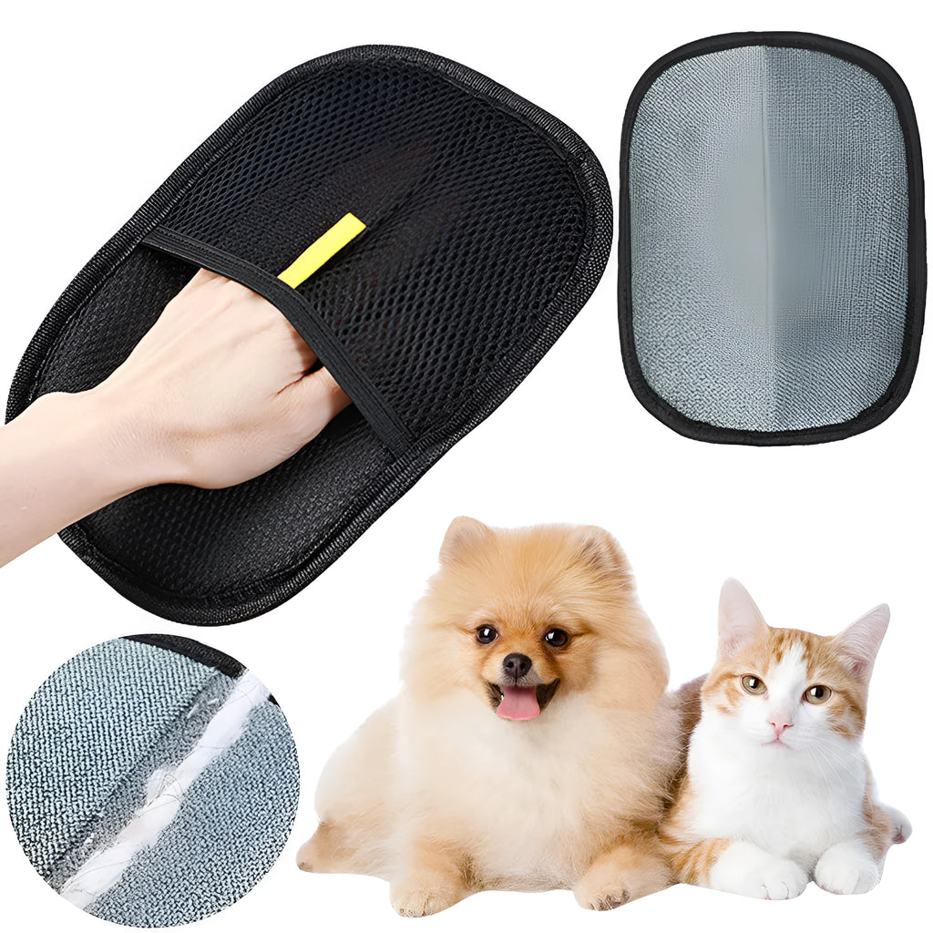 Black pet hair remover glove with soft silicone bristles on a hand, showing the dual-sided design.